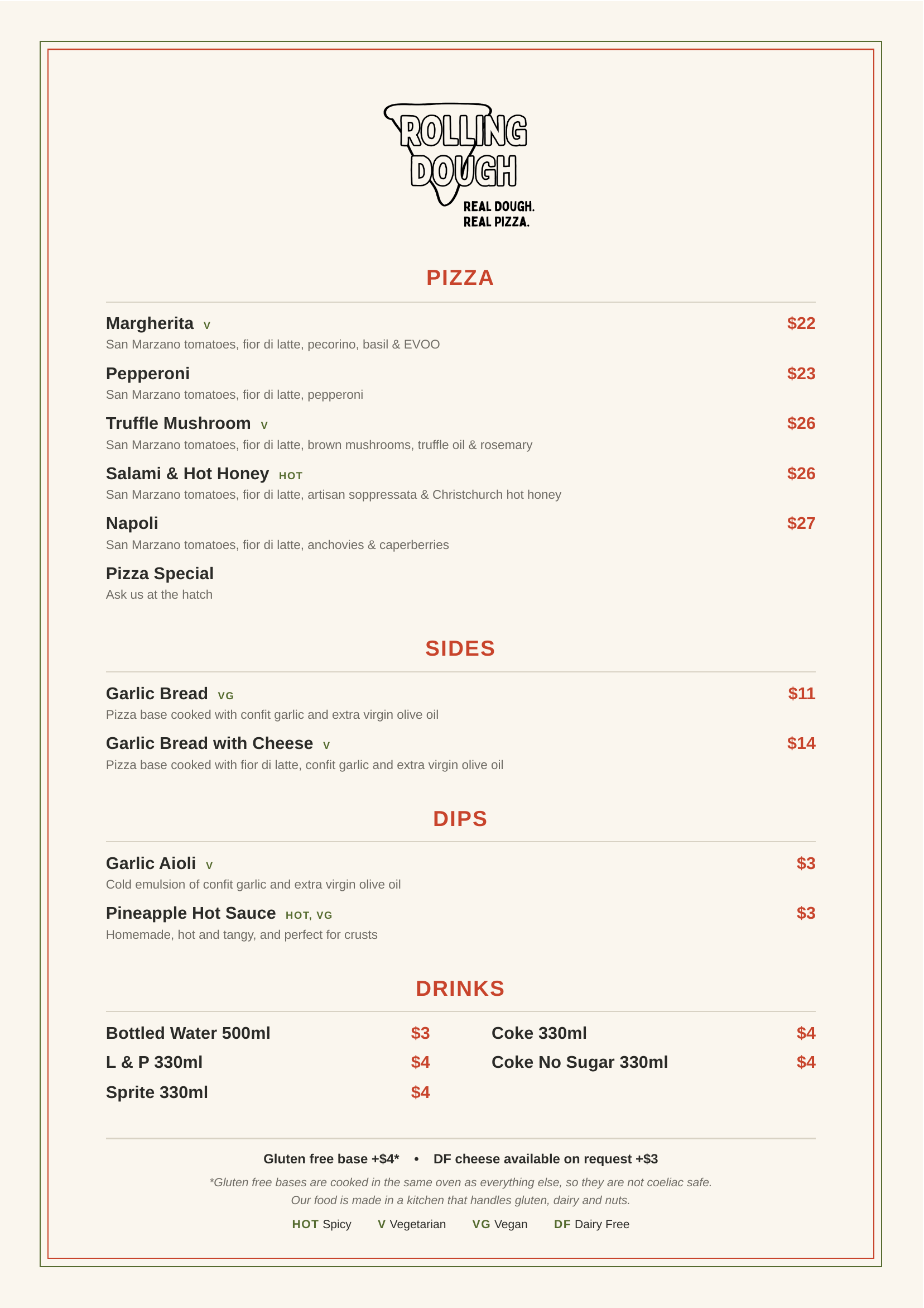 Rolling Dough menu: wood fired Neapolitan pizza, sides, dips and drinks