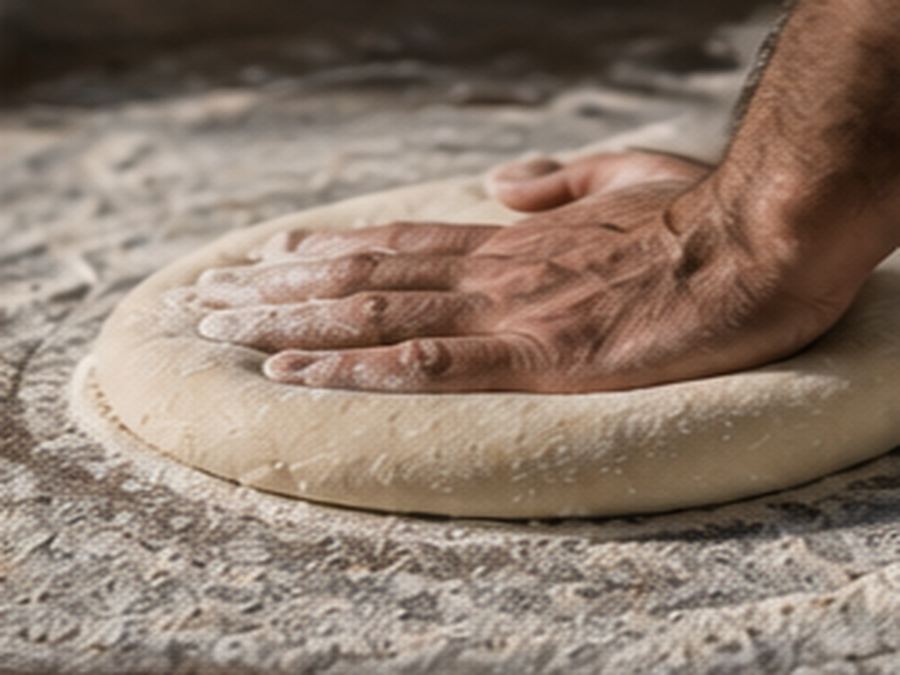 Shaping a Rolling Dough pizza base by hand