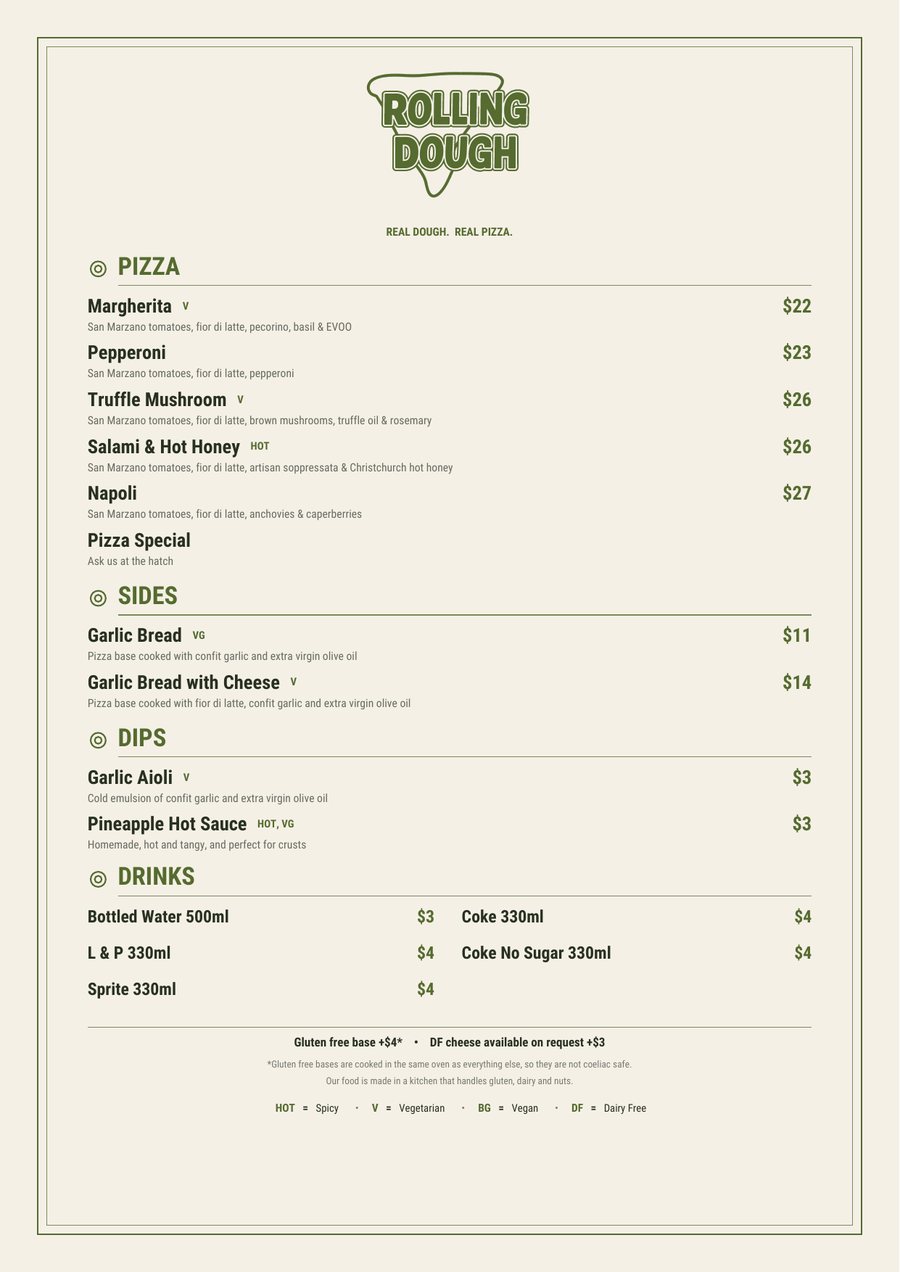 Rolling Dough menu: wood fired Neapolitan pizza, sides, dips and drinks